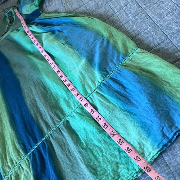 100% Cotton Striped Blue Green Turquoise Bead Detail Beach Swim Cover Dress - Picture 8 of 8